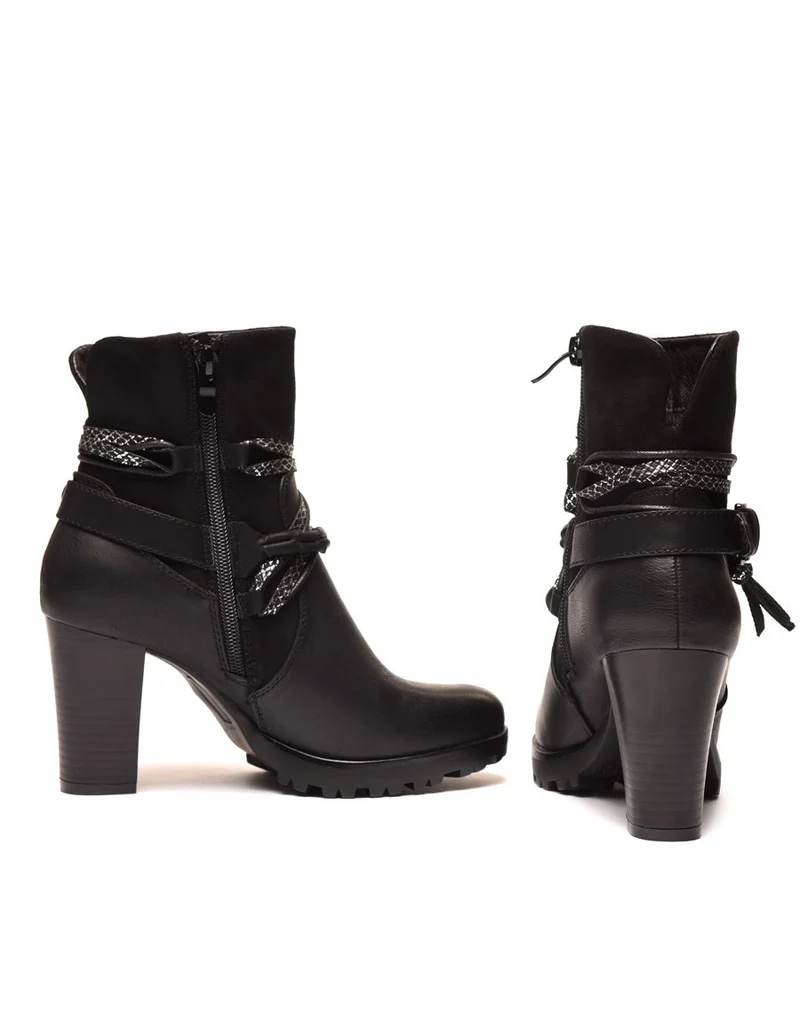 Bottines noires bi matières à talons et lanières multiples