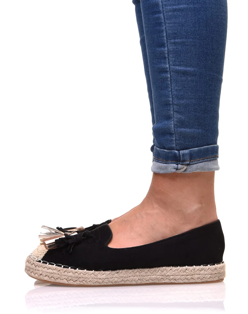 Espadrilles noires en suédine à pompons