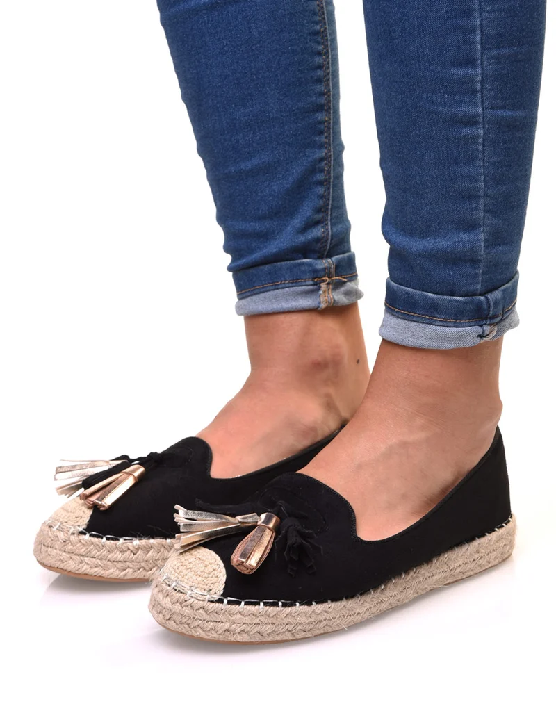Espadrilles noires en suédine à pompons