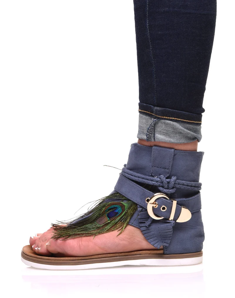 Nu-pieds bleus en suédine à multiples détails