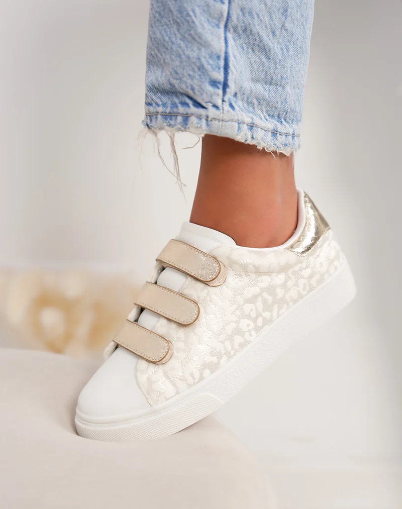 Basket femme blanche tendance à scratch léopard doré et détail brillant