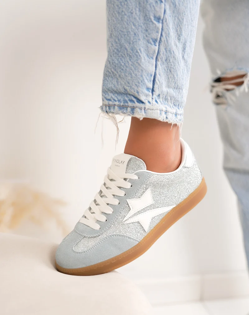 Basket femme bleu pailletée tendance avec empiècements bleu et argenté