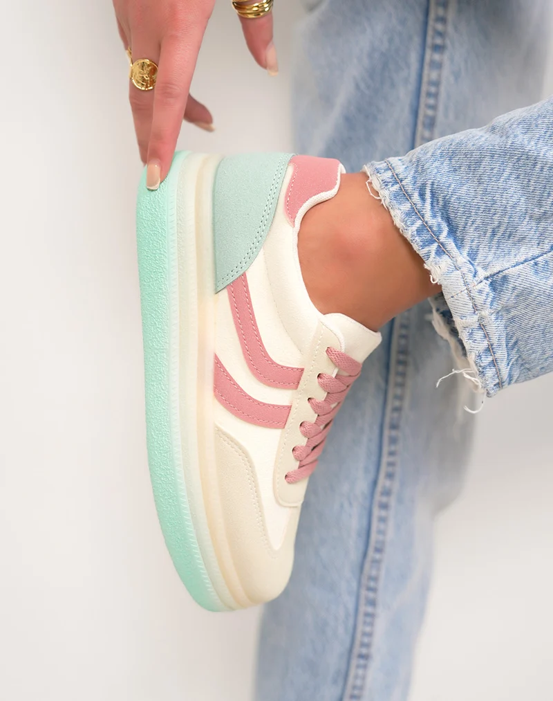 Basket femme jaune pastel tendance à plateforme avec empiècements rose et vert