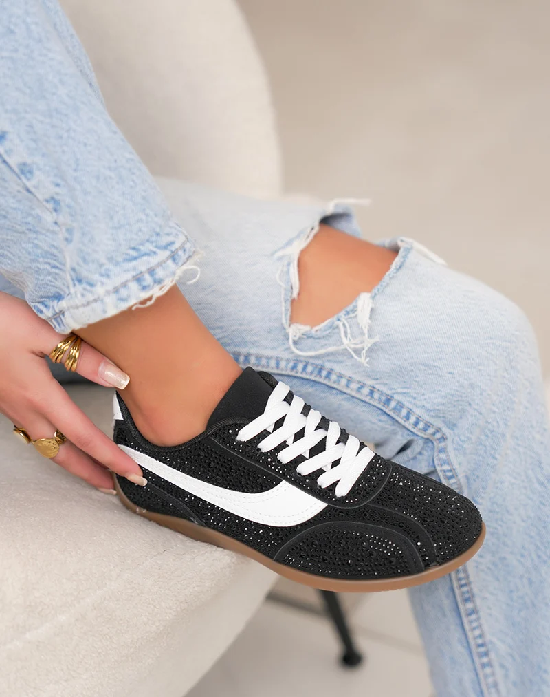 Basket femme noire avec strass et empiècement blanc