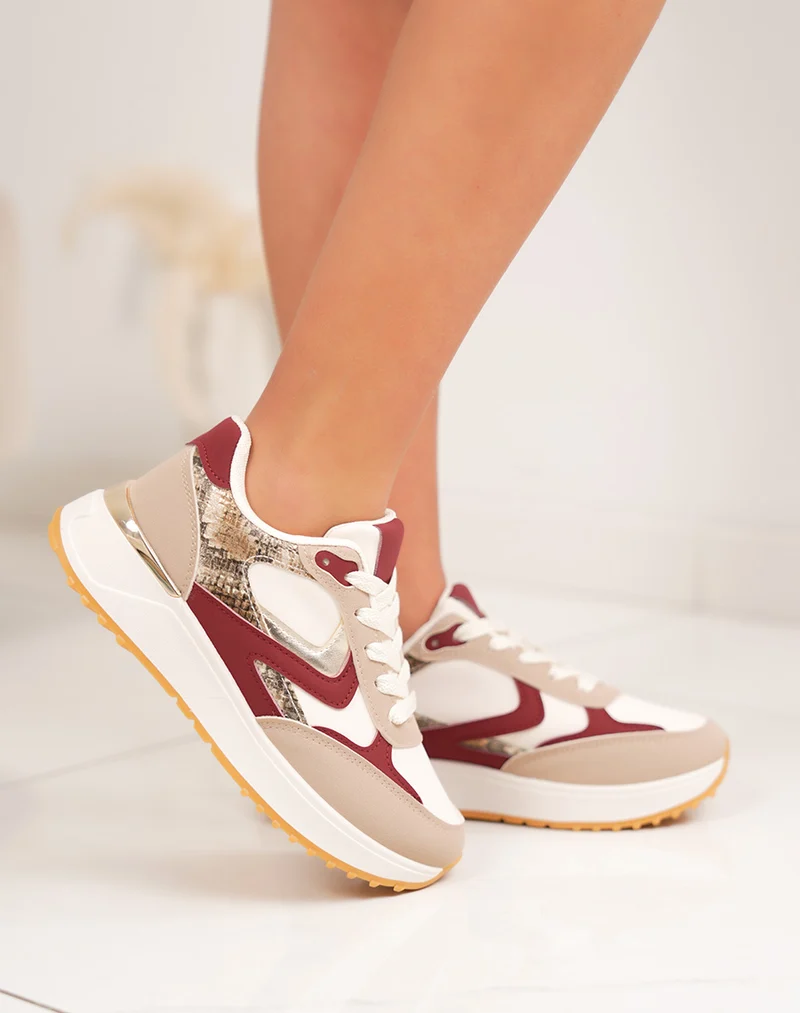 Basket femme beige avec empiècement bordeaux croco et doré