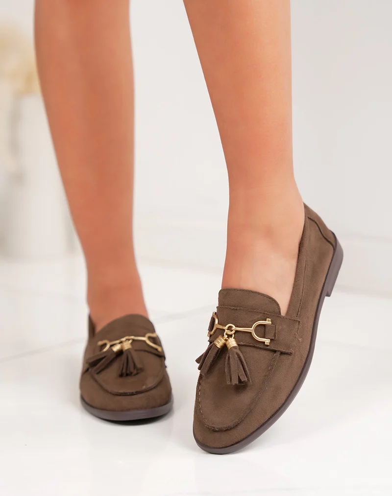 Mocassin femme marron en suédine tendance avec franges et détail doré élégant