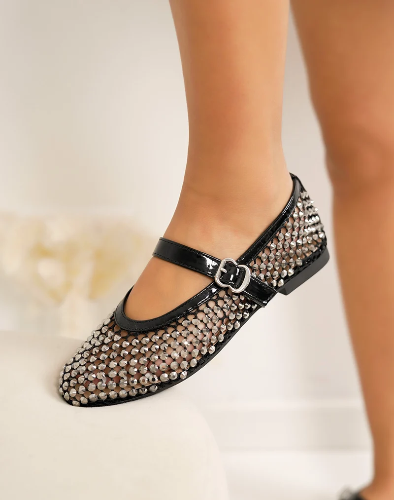 Ballerine femme noire transparente tendance avec strass brillants et lanière à boucle argentée