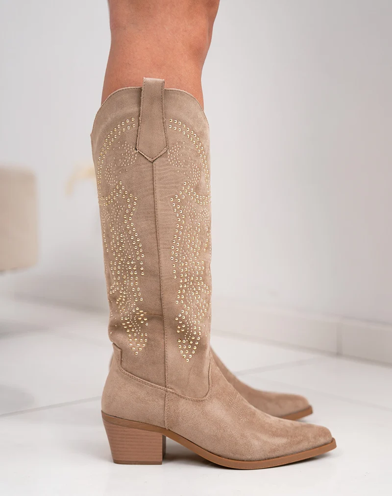 Santiags femme beige à strass en suédine avec bout pointu et talon épais tendance