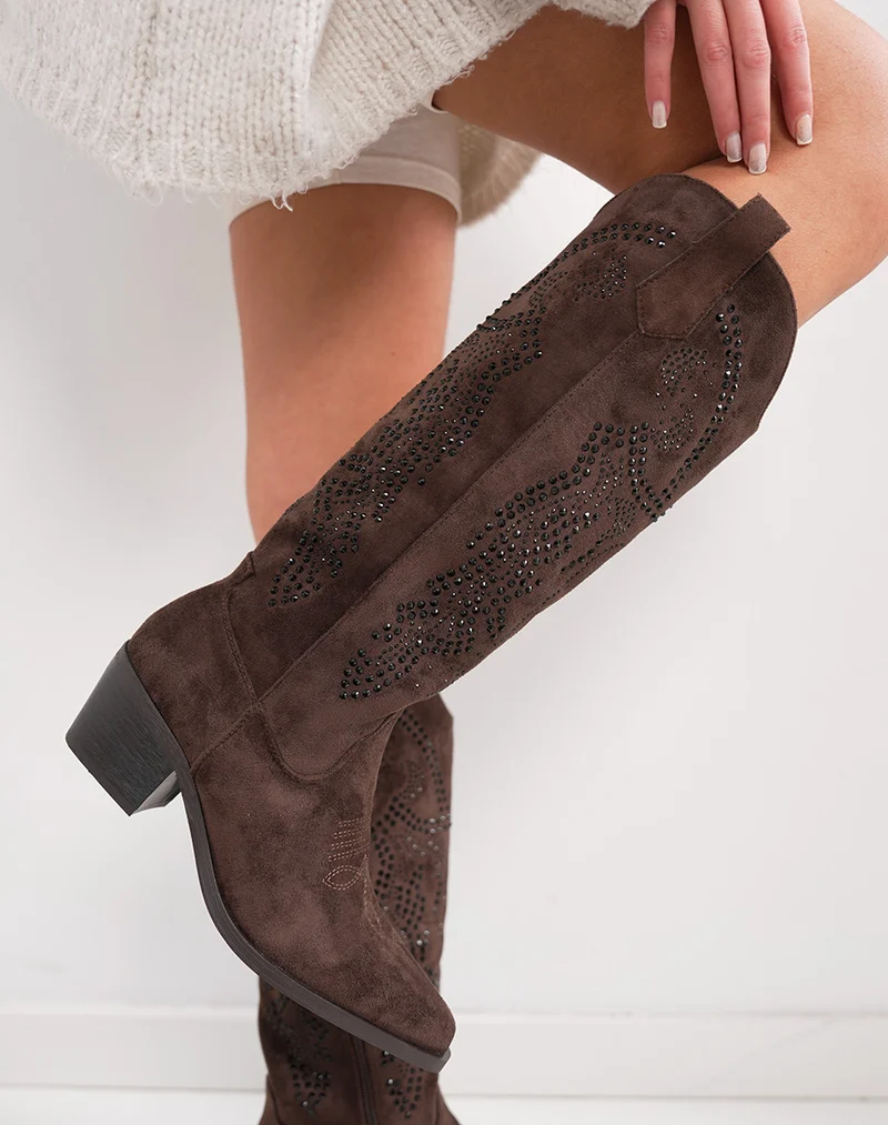 Santiags femme marron à strass en suédine avec bout pointu et talon épais tendance