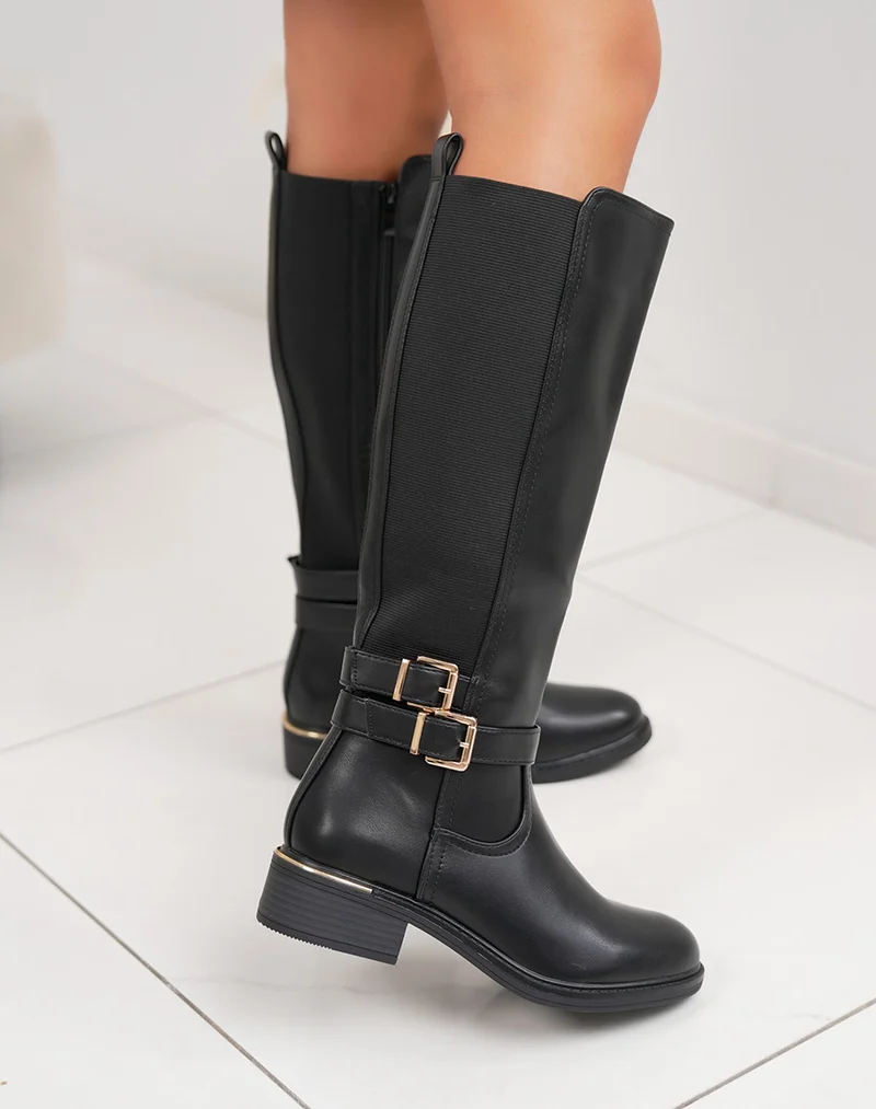 Bottes noires à élastique avec double boucle dorée et liseré – intérieur fourré