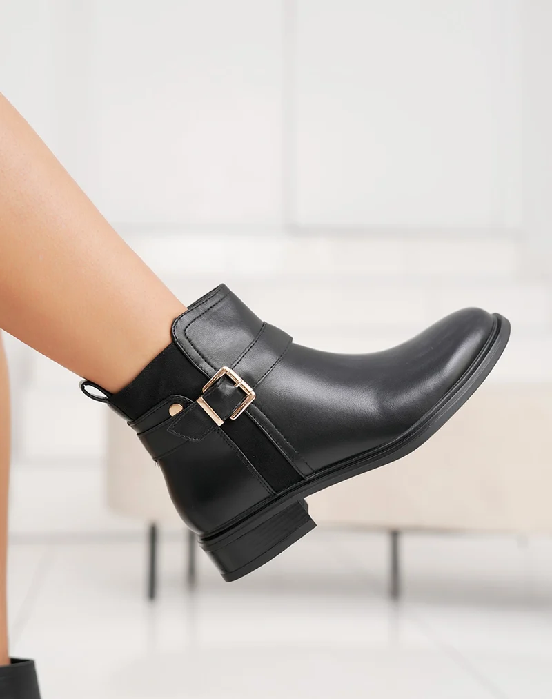 Bottines femme noires bi-matière à petit talon avec boucle dorée élégante