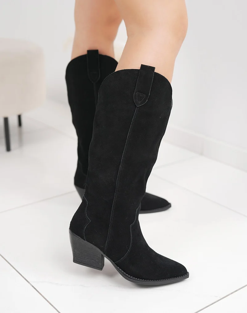 Santiags en cuir noires avec talon biseauté et intérieur fourré