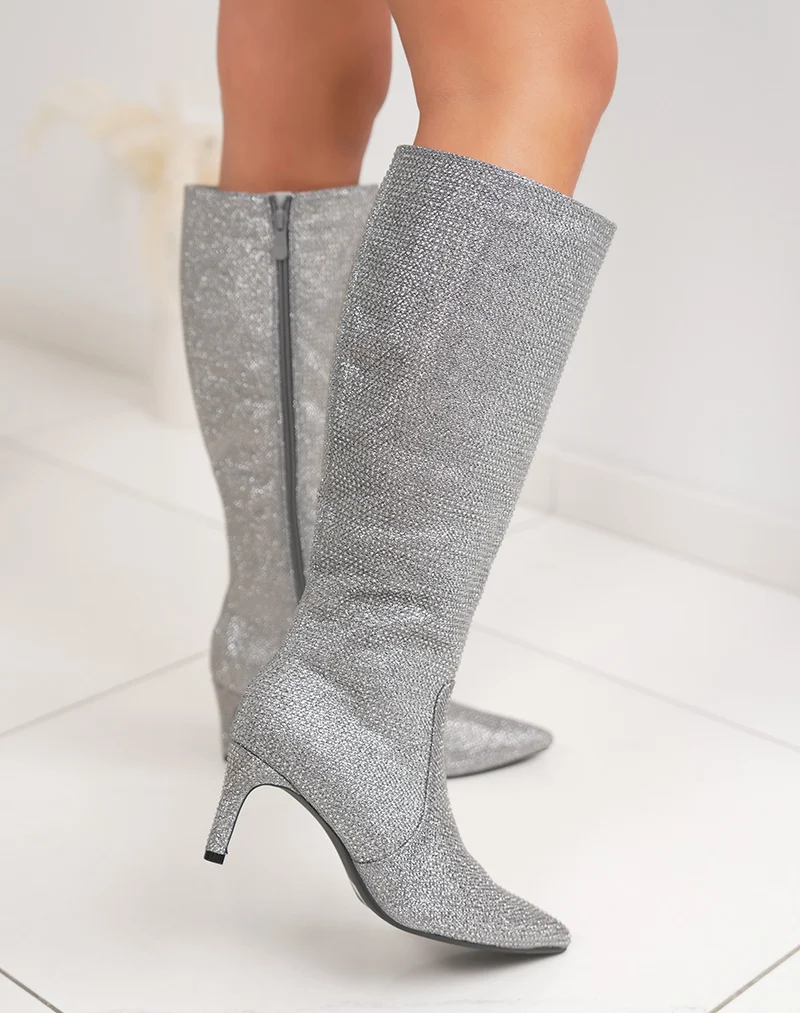 Bottes argentées à strass à bout pointu et talon aiguille