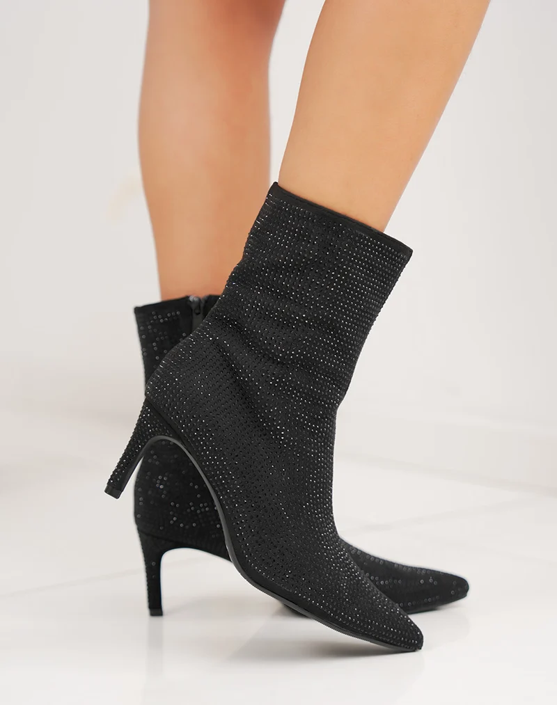 Bottines noires à strass à bout pointu et talon aiguille