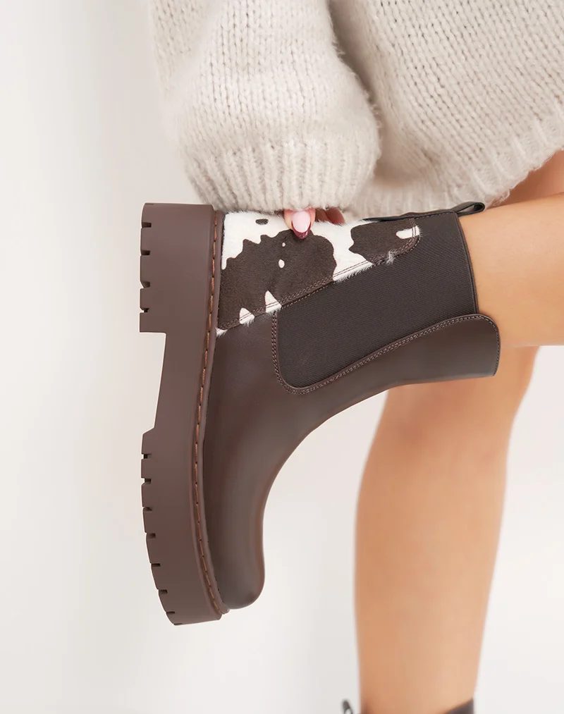Bottines marron style Chelsea bi-matière à imprimé vachette