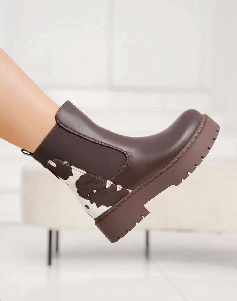 Bottines marron style Chelsea bi-matière à imprimé vachette