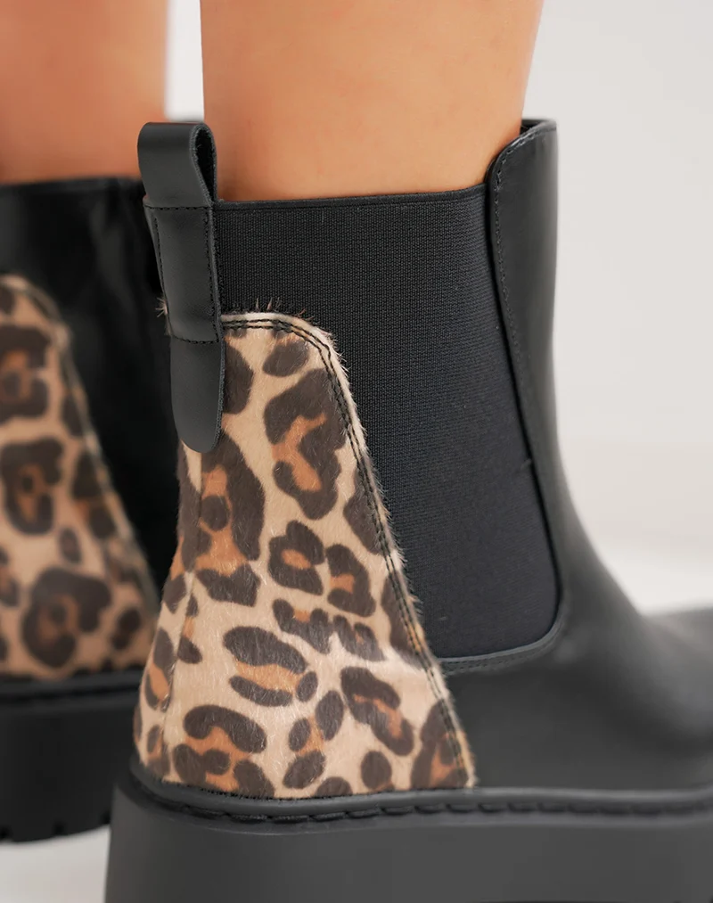 Bottines noires style Chelsea bi-matière à imprimé léopard