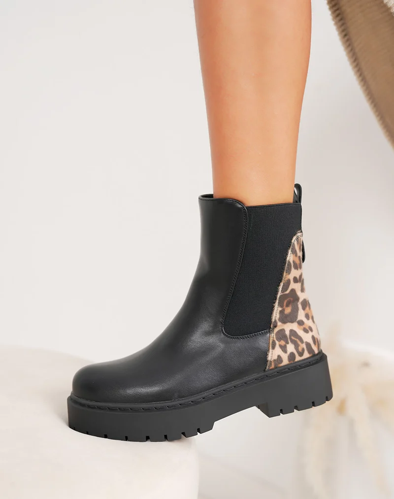 Bottines noires style Chelsea bi-matière à imprimé léopard