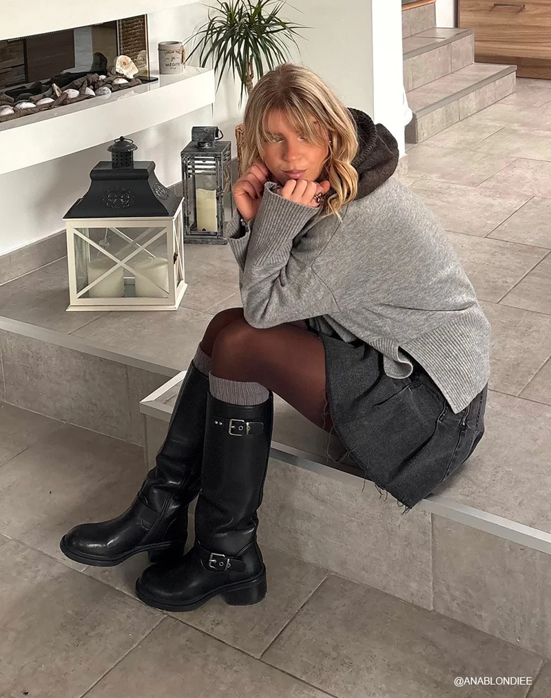 Bottes femme noires cavalières à double boucle et intérieur fourré