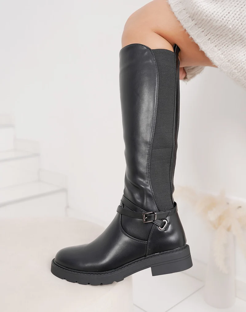 Bottes femme noires cavalières à double lanière fine et semelle crantée