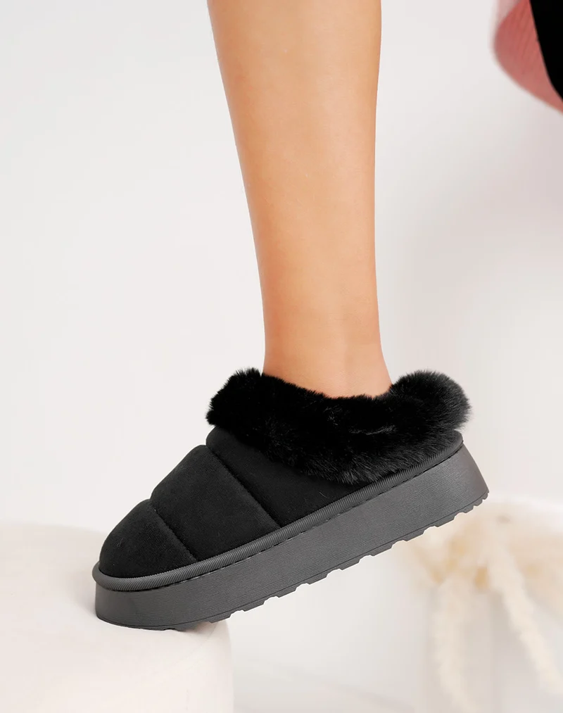 Mules noires à fourrure avec plateforme