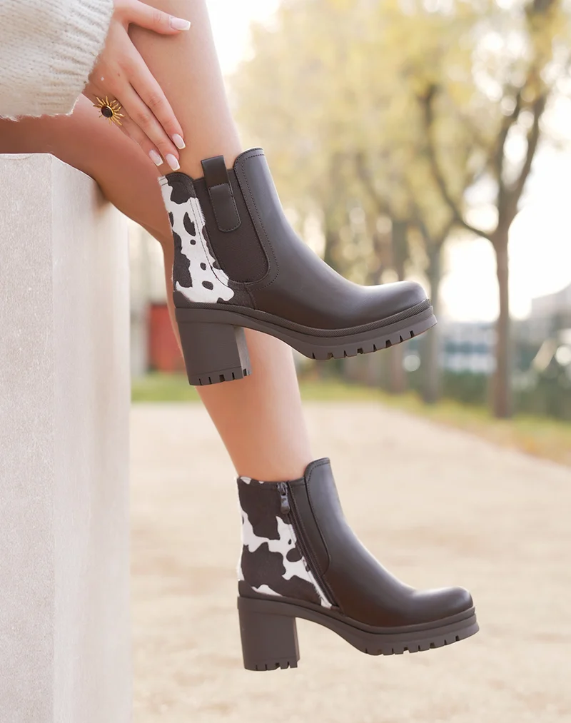 Bottines femme marron élégantes style chelsea à plateforme crantée et détail vachette