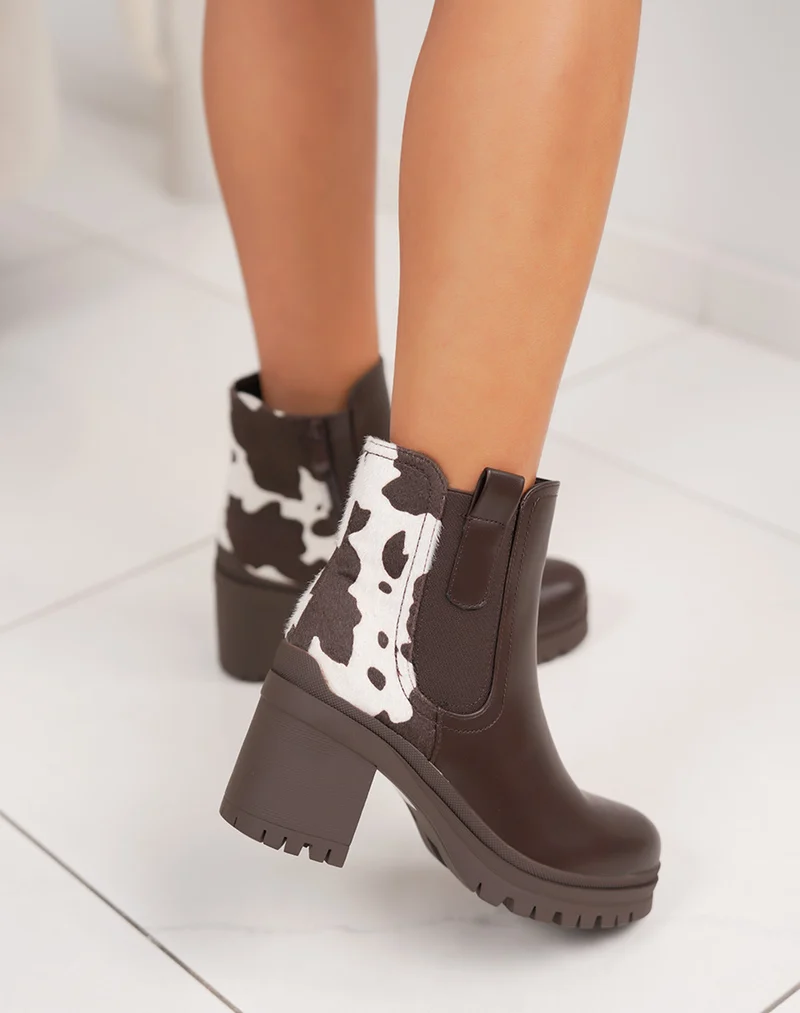 Bottines femme marron élégantes style chelsea à plateforme crantée et détail vachette