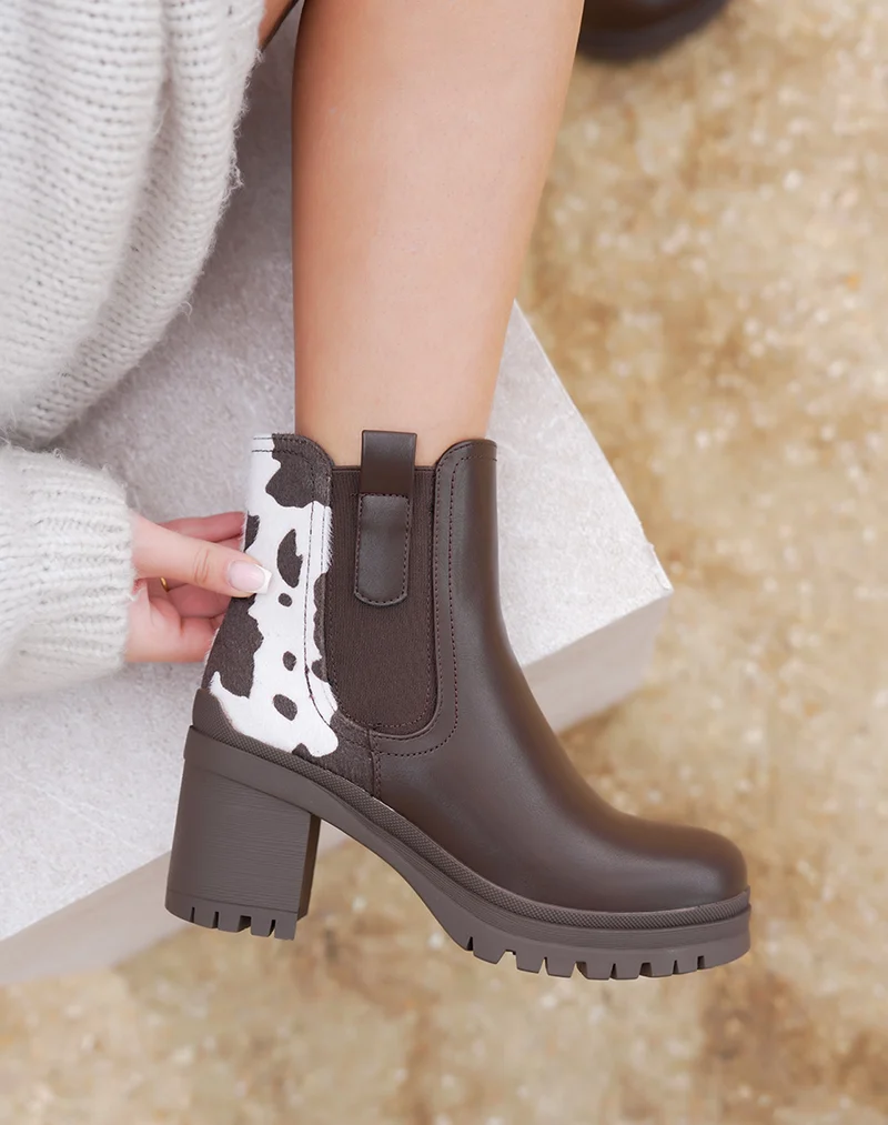 Bottines femme marron élégantes style chelsea à plateforme crantée et détail vachette