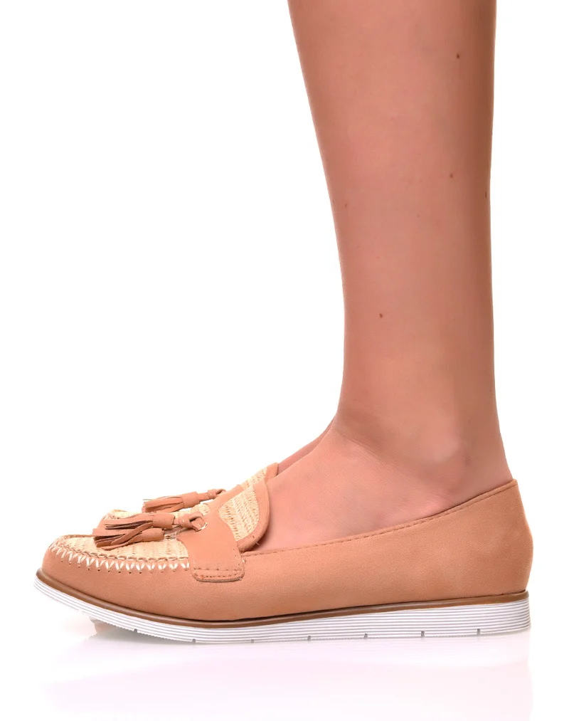 Mocassins en suédine beige et effet osier à pompons