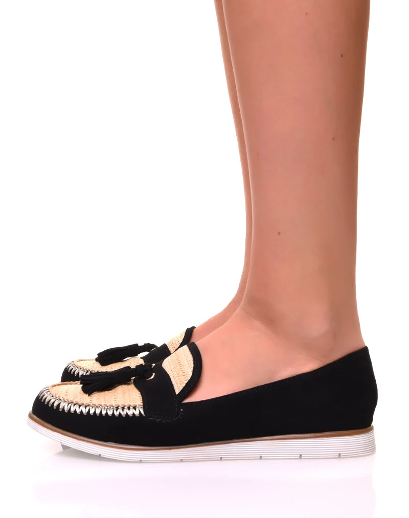 Mocassins en suédine noire et effet osier à pompons