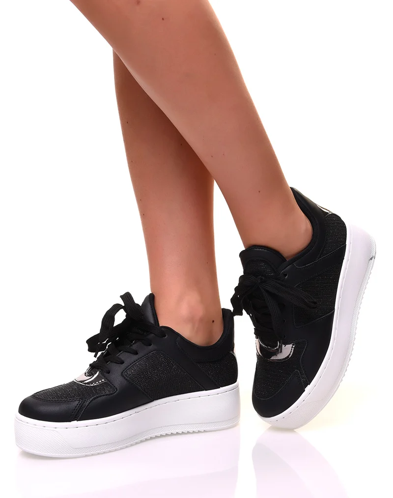 Baskets noires à paillettes argentées et empiècements argentés