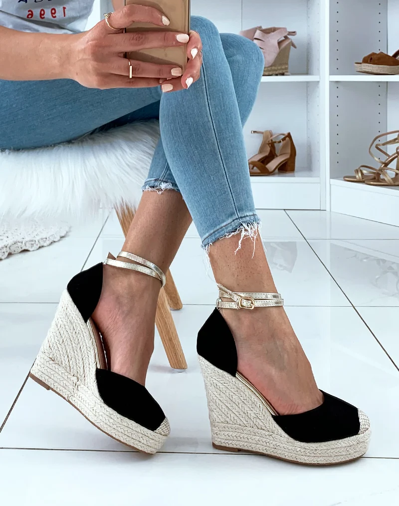 Espadrilles noires en suédine et doré à talons compensés