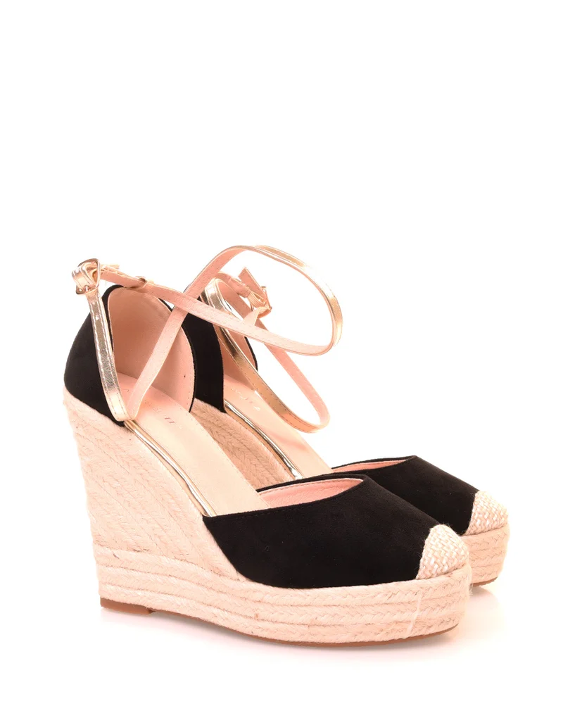 Espadrilles noires en suédine et doré à talons compensés