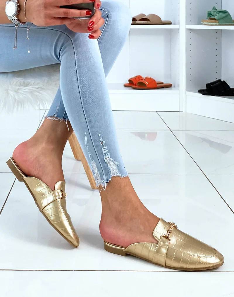Mules styles mocassins gold croco à brides