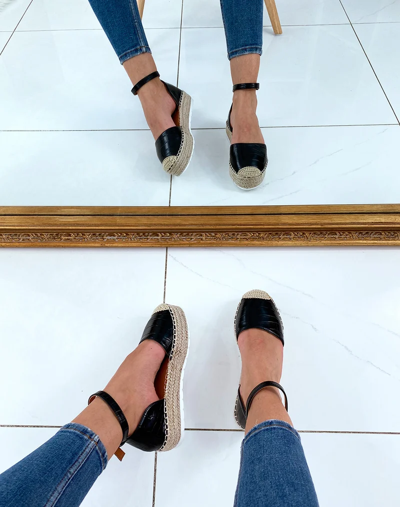 Espadrilles compensées noires effet croco