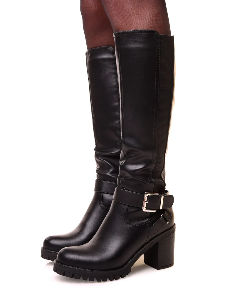 Bottes noires à talons et à semelle crantée