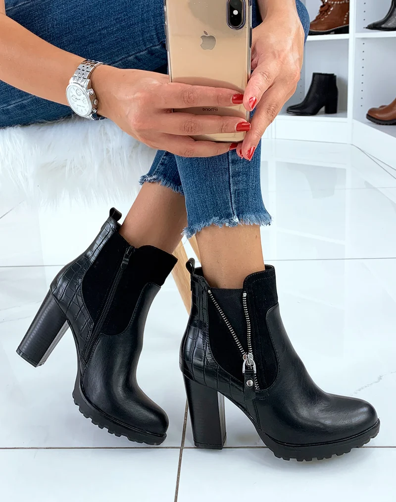 Bottines noires bi-matières à talon