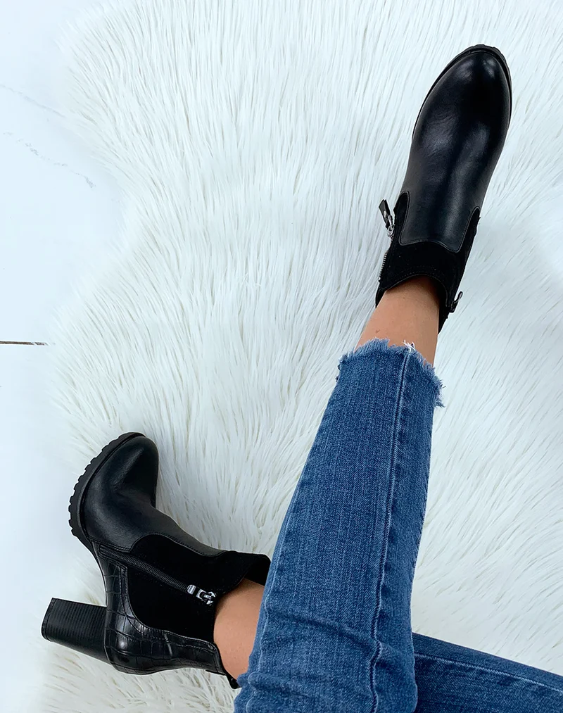 Bottines noires bi-matières à talon