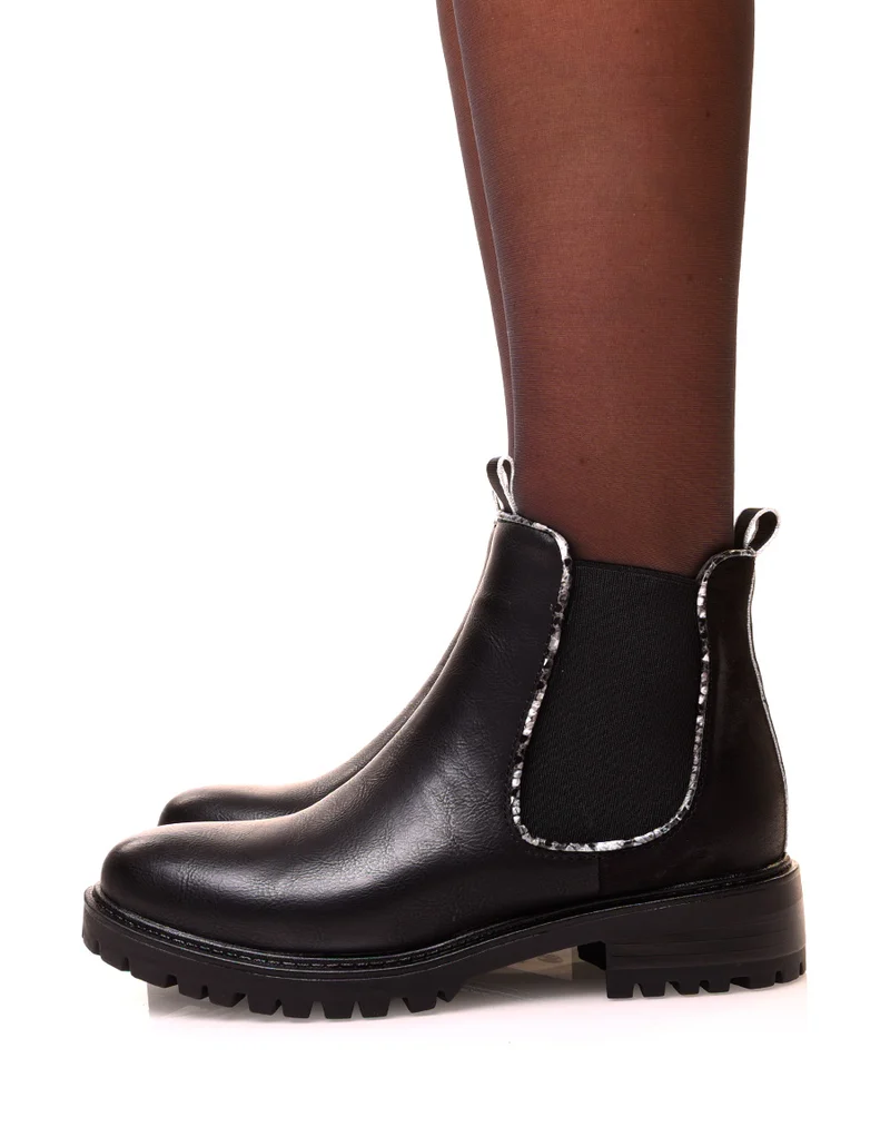 Chelsea boots noires bi-matières à détails effet python