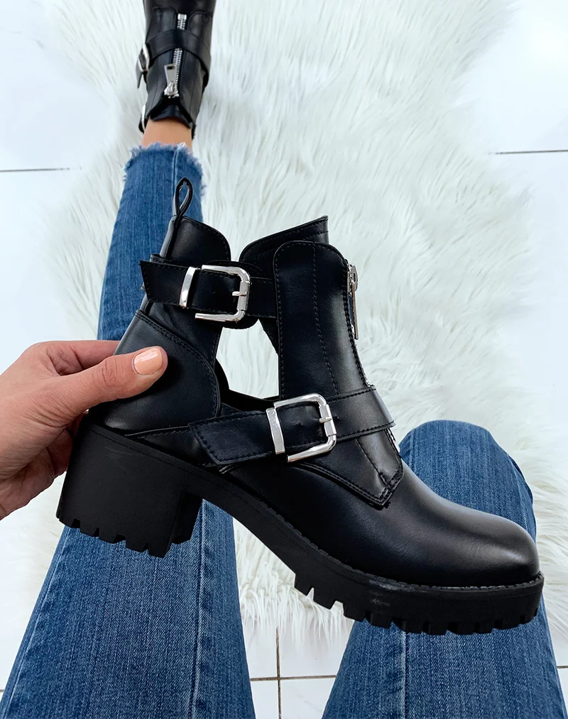 Bottines noires ajourées à sangles et fermetures éclaires