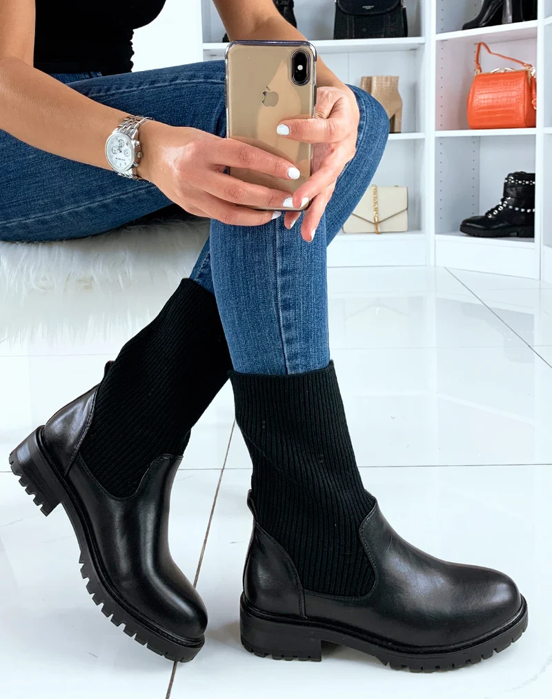 Bottines hautes noires effet chaussette