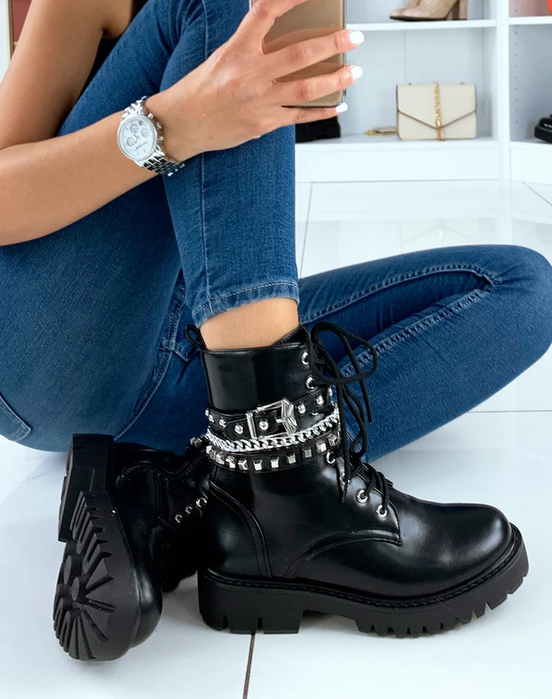 Bottines montantes noires à chaines