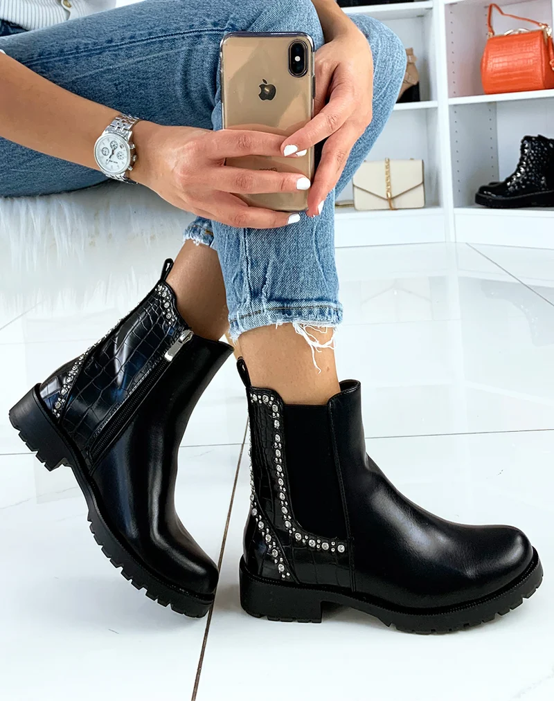 Bottines noires bi-matières ornées de strass