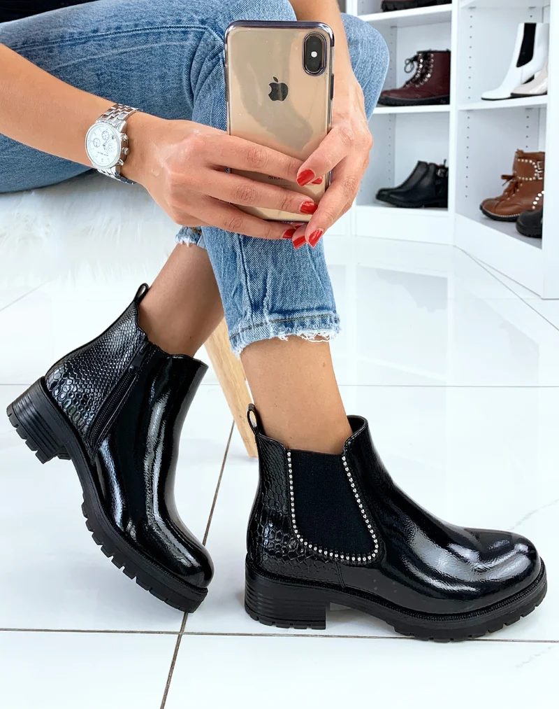 Bottines vernies noires lisse et effet croco à clou