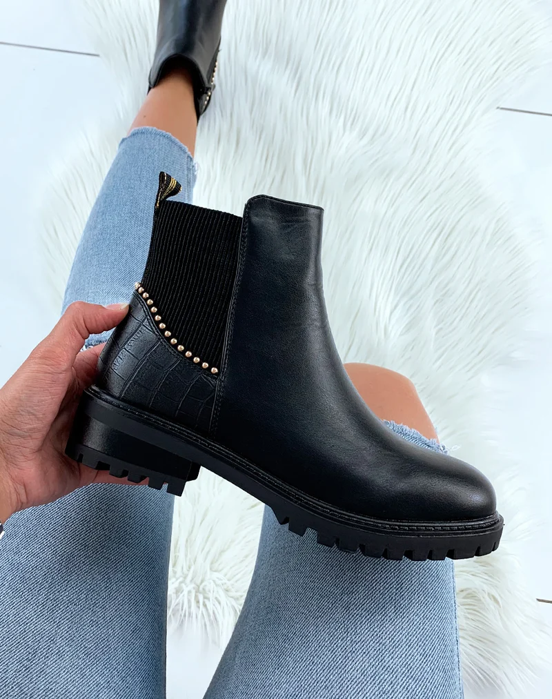 Bottines noires bi-matières à fermeture et détails clous dorés