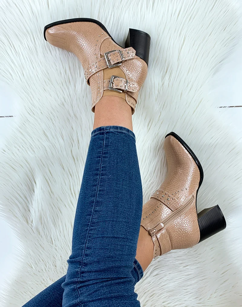 Bottines à talon effet croco beige à bout carré