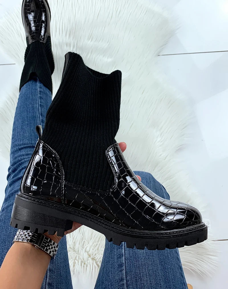 Bottines hautes vernies noires effet chaussette