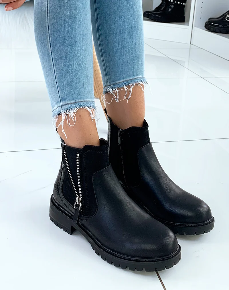 Bottines basses noires en bi-matières à détails fermetures argentées