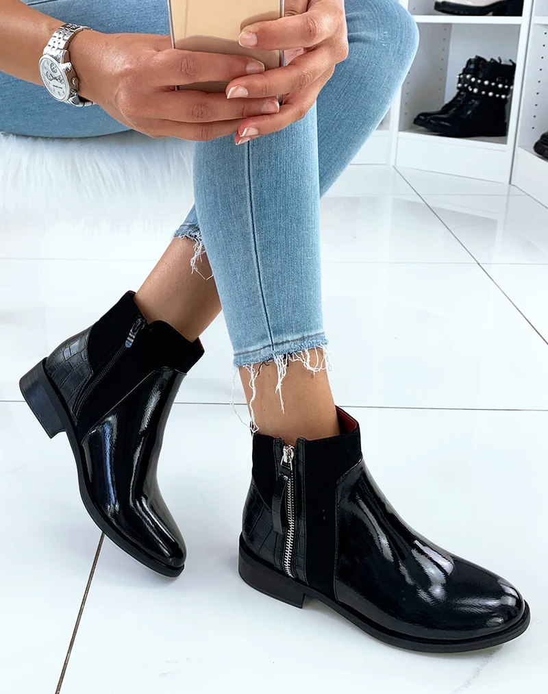 Bottines basses noires vernies bi-matières et à fermetures argentées