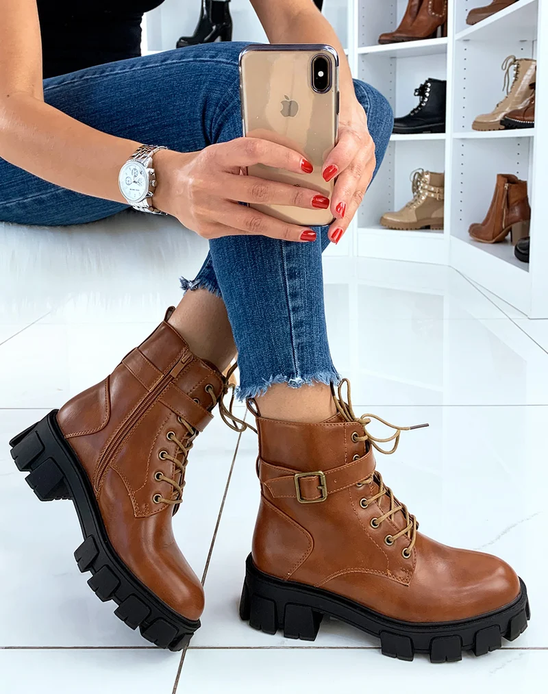 Bottines hautes camel à plateforme